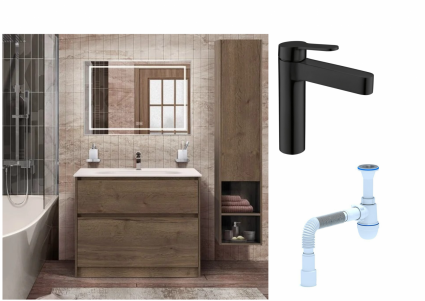 Комплект: Мебель для ванной BelBagno Kraft + Смеситель для раковины BelBagno Delta DEL-LVM-NERO, черный + Сифон АниПласт