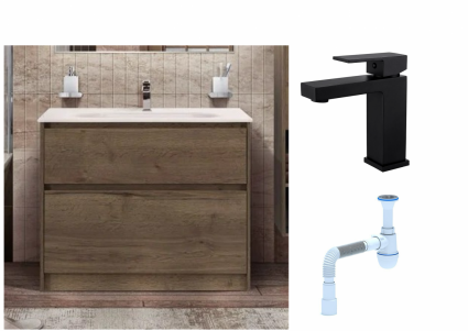 Комплект: Тумба с раковиной BelBagno Kraft напольная + Смеситель для раковины Haiba HB10803-7, черный + Сифон АниПласт