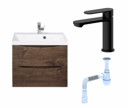 Комплект: Тумба с раковиной BelBagno Marino 60 rovere moro + Смеситель Haiba HB10590-7 черный + Сифон АниПласт