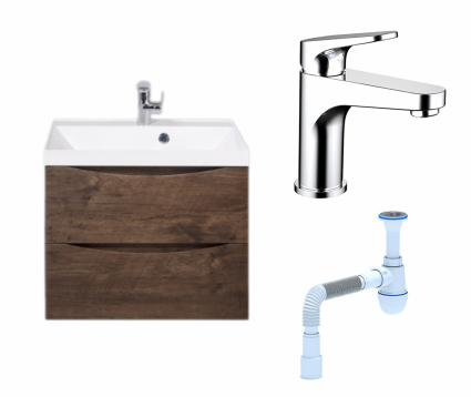 Комплект: Тумба с раковиной BelBagno Marino 60 rovere moro + Смеситель Bravat Eler F1191238CP-RUS хром + Сифон АниПласт