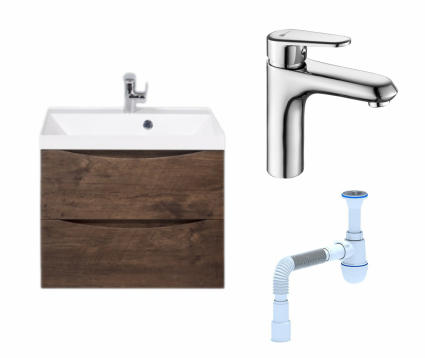 Комплект: Тумба с раковиной BelBagno Marino 60 rovere moro + Смеситель Lemark Point LM0306C хром + Сифон АниПласт