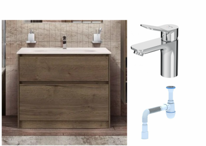 Комплект: Тумба с раковиной BelBagno Kraft напольная + Смеситель Am.Pm X-Joy F85A02100 для раковины, хром + Сифон АниПласт