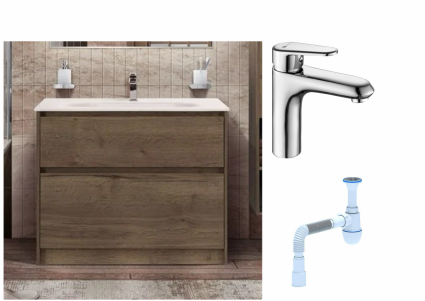 Комплект: Тумба с раковиной BelBagno Kraft напольная + Смеситель Lemark Point LM0306C для раковины, хром + Сифон АниПласт