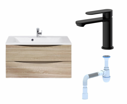 Комплект: Тумба с раковиной BelBagno Marino 90 rovere bianco + Смеситель Haiba HB10590-7 черный + Сифон АниПласт