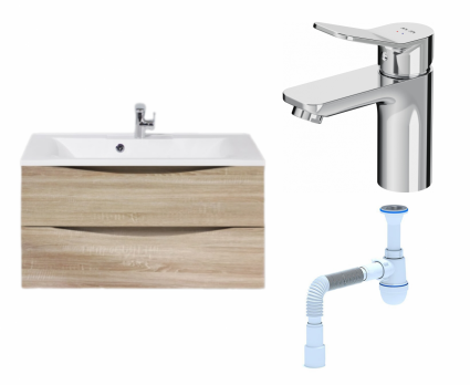Комплект: Тумба с раковиной BelBagno Marino 90 rovere bianco + Смеситель Am.Pm X-Joy F85A02100 хром + Сифон АниПласт