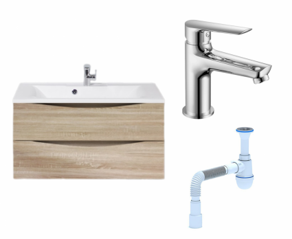 Комплект: Тумба с раковиной BelBagno Marino 90 rovere bianco + Смеситель Haiba HB10198 хром + Сифон АниПласт