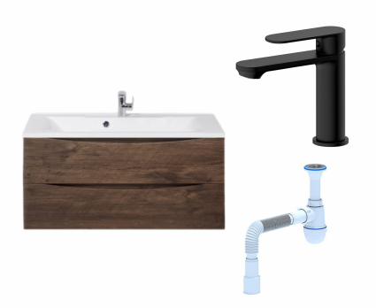 Комплект: Тумба с раковиной BelBagno Marino 100 rovere moro + Смеситель Haiba HB10590-7 черный + Сифон АниПласт