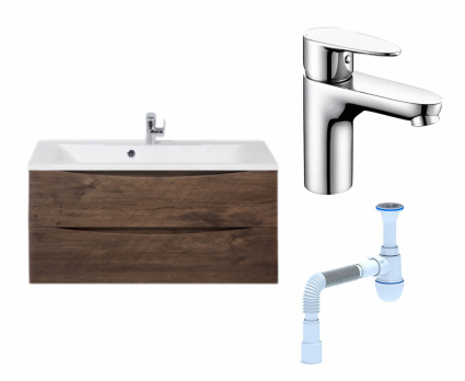 Комплект: Тумба с раковиной BelBagno Marino 100 rovere moro + Смеситель Wasserkraft Leine 3503 хром + Сифон АниПласт
