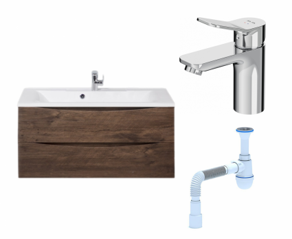 Комплект: Тумба с раковиной BelBagno Marino 100 rovere moro + Смеситель Am.Pm X-Joy F85A02100 хром + Сифон АниПласт