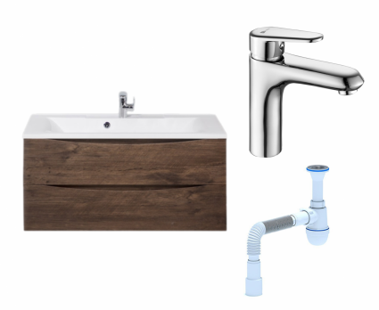 Комплект: Тумба с раковиной BelBagno Marino 100 rovere moro + Смеситель Lemark Point LM0306C хром + Сифон АниПласт