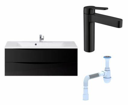 Комплект: Тумба с раковиной BelBagno Marino 120 nero lucido + Смеситель BelBagno Delta DEL-LVM-NERO черный + Сифон АниПласт