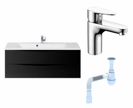 Комплект: Тумба с раковиной BelBagno Marino 120 nero lucido + Смеситель Wasserkraft Leine 3503 хром + Сифон АниПласт