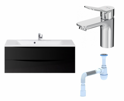 Комплект: Тумба с раковиной BelBagno Marino 120 nero lucido + Смеситель Am.Pm X-Joy F85A02100 хром + Сифон АниПласт