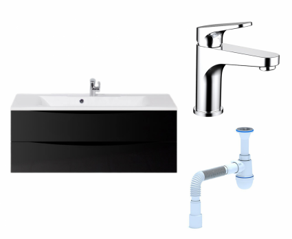Комплект: Тумба с раковиной BelBagno Marino 120 nero lucido + Смеситель Bravat Eler F1191238CP-RUS хром + Сифон АниПласт