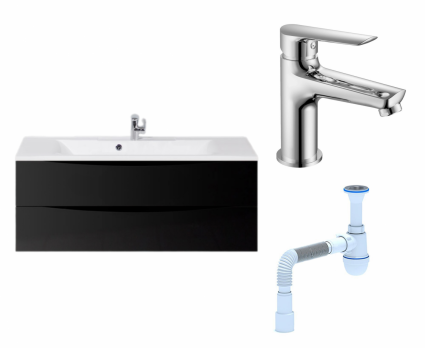 Комплект: Тумба с раковиной BelBagno Marino 120 nero lucido + Смеситель Haiba HB10198 хром+ Сифон АниПласт