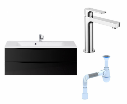 Комплект: Тумба с раковиной BelBagno Marino 120 nero lucido + Смеситель Lemark plus Grace LM1537C хром + Сифон АниПласт