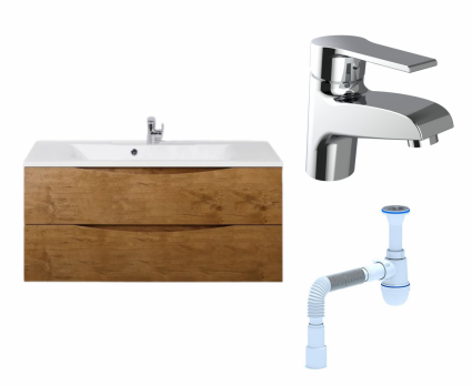 Комплект: Тумба с раковиной BelBagno Marino 120 rovere nature + Смеситель Agger Right A2902100 хром + Сифон АниПласт