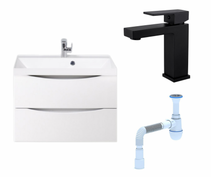 Комплект: Тумба с раковиной BelBagno Marino 70 bianco lucido + Смеситель Haiba HB10803-7 черный + Сифон АниПласт