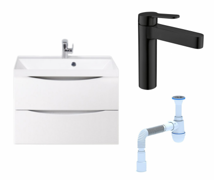 Комплект: Тумба с раковиной BelBagno Marino 70 bianco lucido + Смеситель BelBagno Delta DEL-LVM-NERO черный + Сифон АниПласт