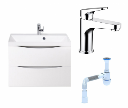 Комплект: Тумба с раковиной BelBagno Marino 70 bianco lucido + Смеситель Bravat Eler F1191238CP-RUS хром + Сифон АниПласт