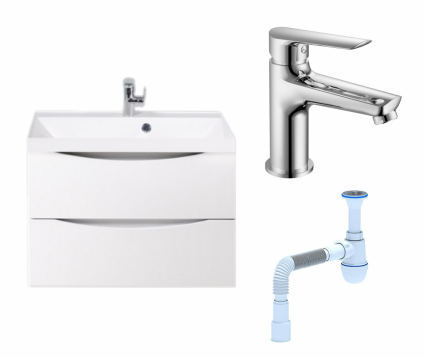 Комплект: Тумба с раковиной BelBagno Marino 70 bianco lucido + Смеситель Haiba HB10198 хром + Сифон АниПласт