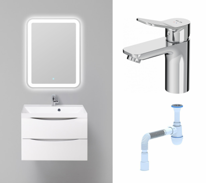 Комплект: Мебель для ванной BelBagno Marino 70 bianco lucido + Смеситель Am.Pm X-Joy F85A02100 хром + Сифон АниПласт