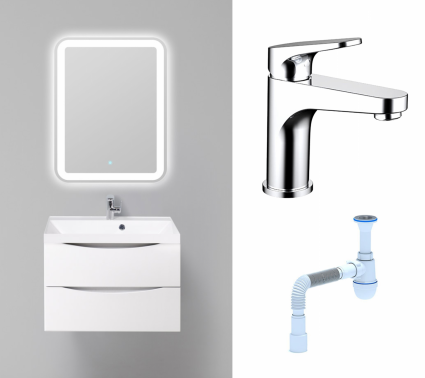 Комплект: Мебель для ванной BelBagno Marino 70 bianco lucido + Смеситель Bravat Eler F1191238CP-RUS хром + Сифон АниПласт