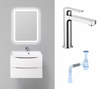 Комплект: Мебель для ванной BelBagno Marino 70 bianco lucido + Смеситель Lemark plus Grace LM1537C хром + Сифон АниПласт