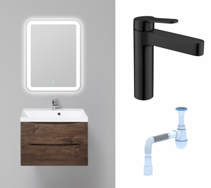 Комплект: Мебель для ванной BelBagno Marino 70 rovere moro + Смеситель BelBagno Delta DEL-LVM-NERO черный + Сифон АниПласт