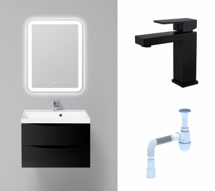 Комплект: Мебель для ванной BelBagno Marino 70 nero lucido + Смеситель Haiba HB10803-7 черный + Сифон АниПласт