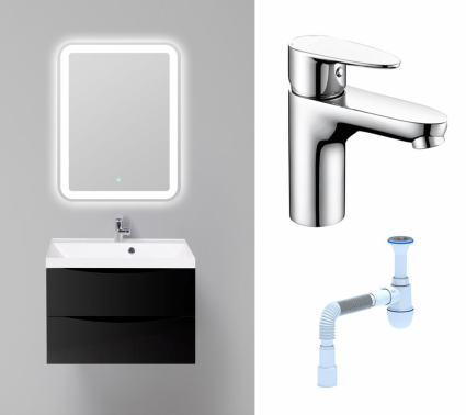 Комплект: Мебель для ванной BelBagno Marino 70 nero lucido + Смеситель Wasserkraft Leine 3503 хром + Сифон АниПласт