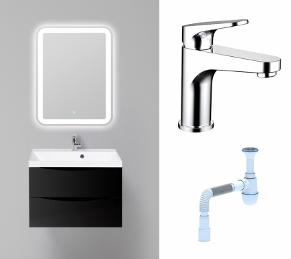 Комплект: Мебель для ванной BelBagno Marino 70 nero lucido + Смеситель Bravat Eler F1191238CP-RUS хром + Сифон АниПласт