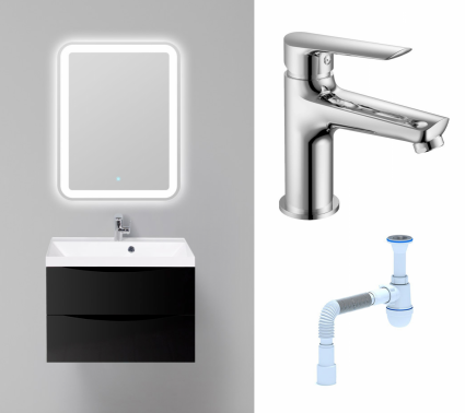 Комплект: Мебель для ванной BelBagno Marino 70 nero lucido + Смеситель Haiba HB10198 хром + Сифон АниПласт