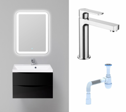 Комплект: Мебель для ванной BelBagno Marino 70 nero lucido + Смеситель Lemark plus Grace LM1537C хром + Сифон АниПласт