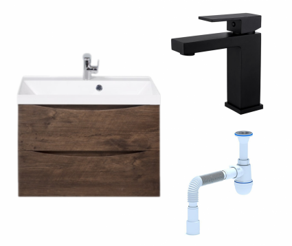 Комплект: Тумба с раковиной BelBagno Marino 70 rovere moro + Смеситель Haiba HB10803-7 черный + Сифон АниПласт