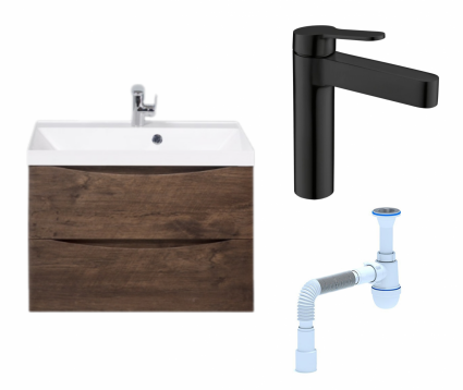Комплект: Тумба с раковиной BelBagno Marino 70 rovere moro + Смеситель BelBagno Delta DEL-LVM-NERO черный + Сифон АниПласт