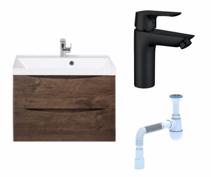 Комплект: Тумба с раковиной BelBagno Marino 70 rovere moro + Смеситель Aquanet Static AF330-10B черный + Сифон АниПласт