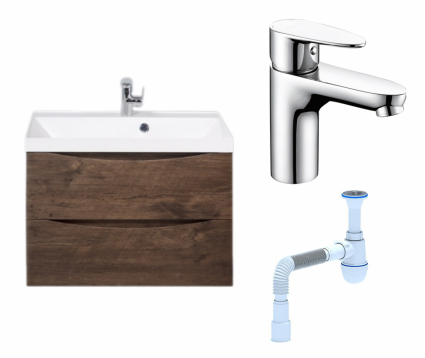Комплект: Тумба с раковиной BelBagno Marino 70 rovere moro + Смеситель Wasserkraft Leine 3503 хром + Сифон АниПласт