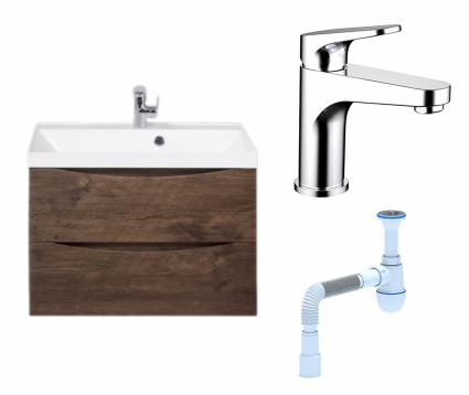 Комплект: Тумба с раковиной BelBagno Marino 70 rovere moro + Смеситель Bravat Eler F1191238CP-RUS хром + Сифон АниПласт
