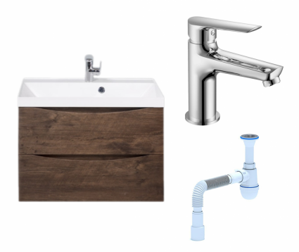 Комплект: Тумба с раковиной BelBagno Marino 70 rovere moro + Смеситель Haiba HB10198 хром + Сифон АниПласт
