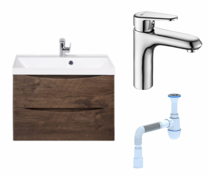 Комплект: Тумба с раковиной BelBagno Marino 70 rovere moro + Смеситель Lemark Point LM0306C хром + Сифон АниПласт