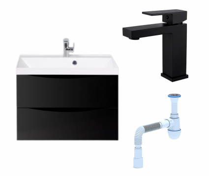 Комплект: Тумба с раковиной BelBagno Marino 70 nero lucido + Смеситель Haiba HB10803-7 черный + Сифон АниПласт