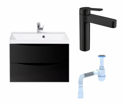 Комплект: Тумба с раковиной BelBagno Marino 70 nero lucido + Смеситель BelBagno Delta DEL-LVM-NERO черный + Сифон АниПласт