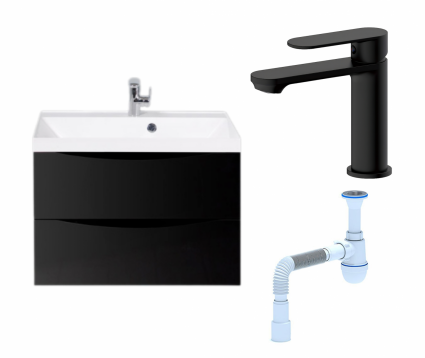 Комплект: Тумба с раковиной BelBagno Marino 70 nero lucido + Смеситель Haiba HB10590-7 черный + Сифон АниПласт