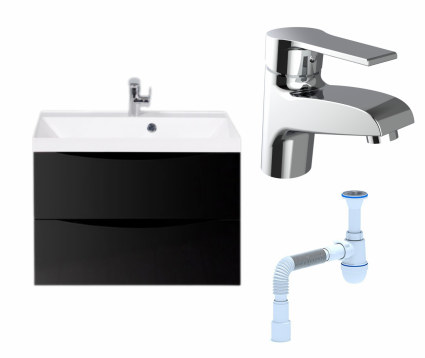 Комплект: Тумба с раковиной BelBagno Marino 70 nero lucido + Смеситель Agger Right A2902100 хром + Сифон АниПласт