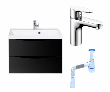 Комплект: Тумба с раковиной BelBagno Marino 70 nero lucido + Смеситель Wasserkraft Leine 3503 хром + Сифон АниПласт
