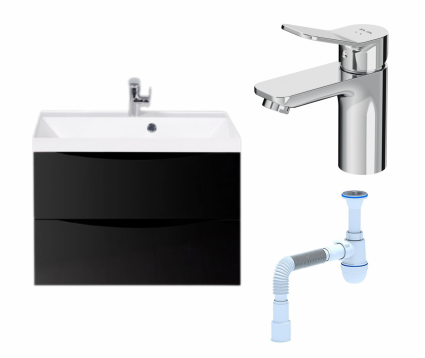 Комплект: Тумба с раковиной BelBagno Marino 70 nero lucido + Смеситель Am.Pm X-Joy F85A02100 хром + Сифон АниПласт