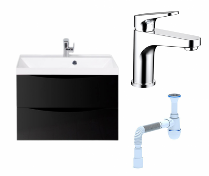 Комплект: Тумба с раковиной BelBagno Marino 70 nero lucido + Смеситель Bravat Eler F1191238CP-RUS хром + Сифон АниПласт