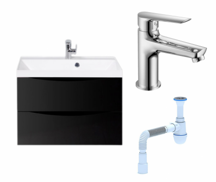Комплект: Тумба с раковиной BelBagno Marino 70 nero lucido + Смеситель Haiba HB10198 хром + Сифон АниПласт