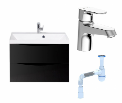 Комплект: Тумба с раковиной BelBagno Marino 70 nero lucido + Смеситель Bravat Alfa F1120178CP хром + Сифон АниПласт